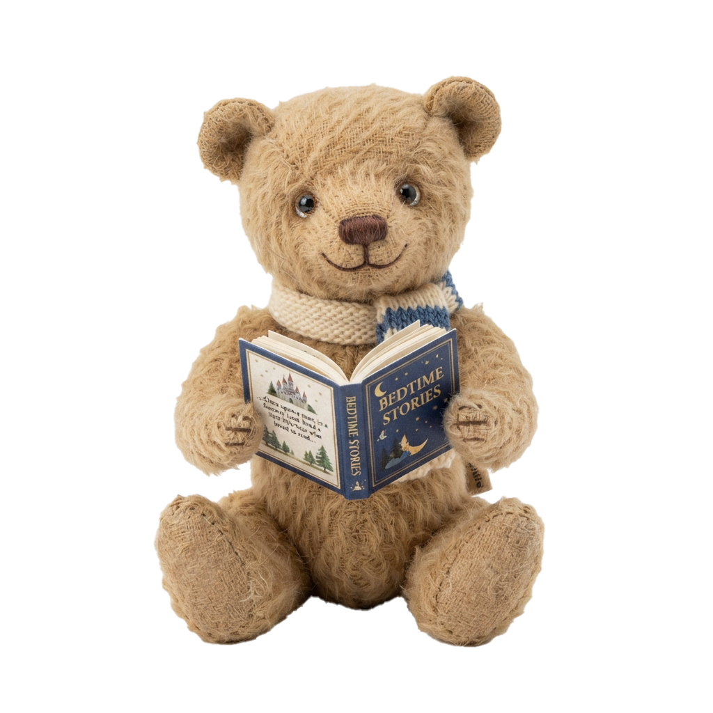 Light brown teddy bear sitting and reading a bedtime stories book with a blue scarf
