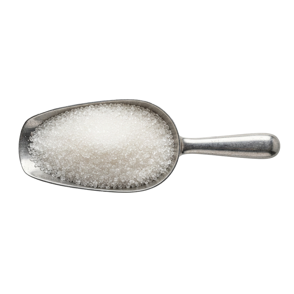 A metal scoop filled with fine white granulated salt against a black background