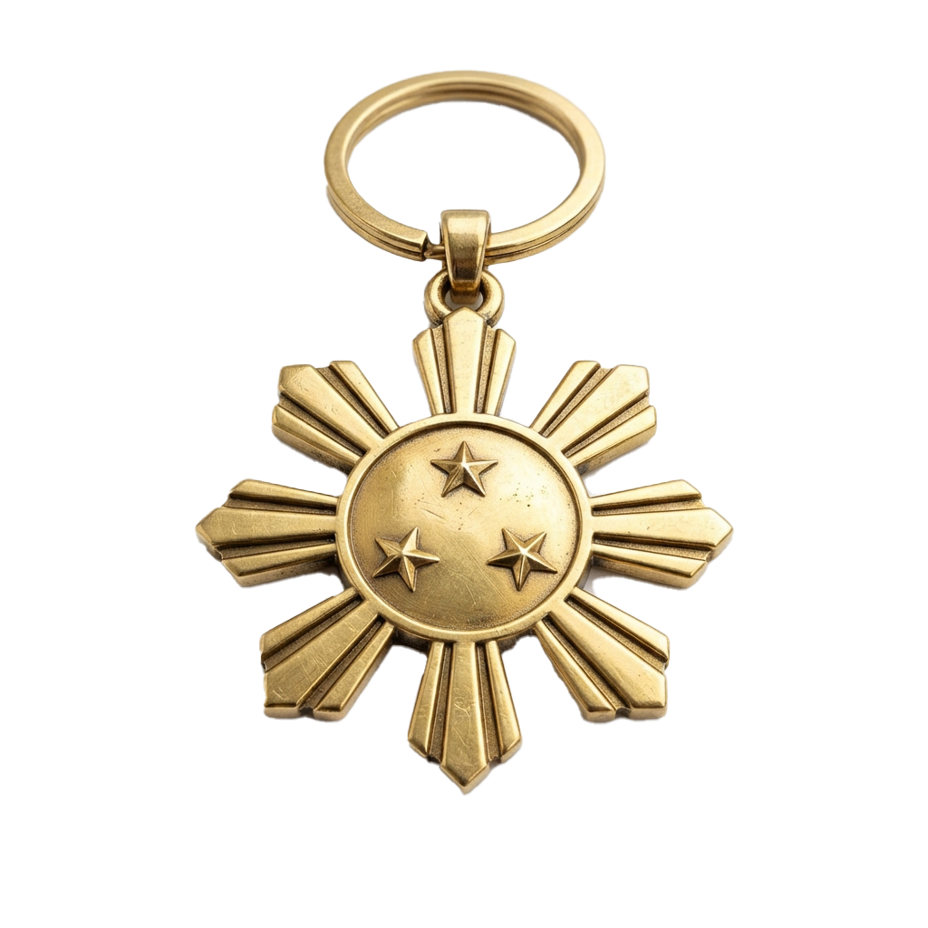 A gold-colored pendant featuring a sunburst design with three stars in the center and a loop at the top for hanging