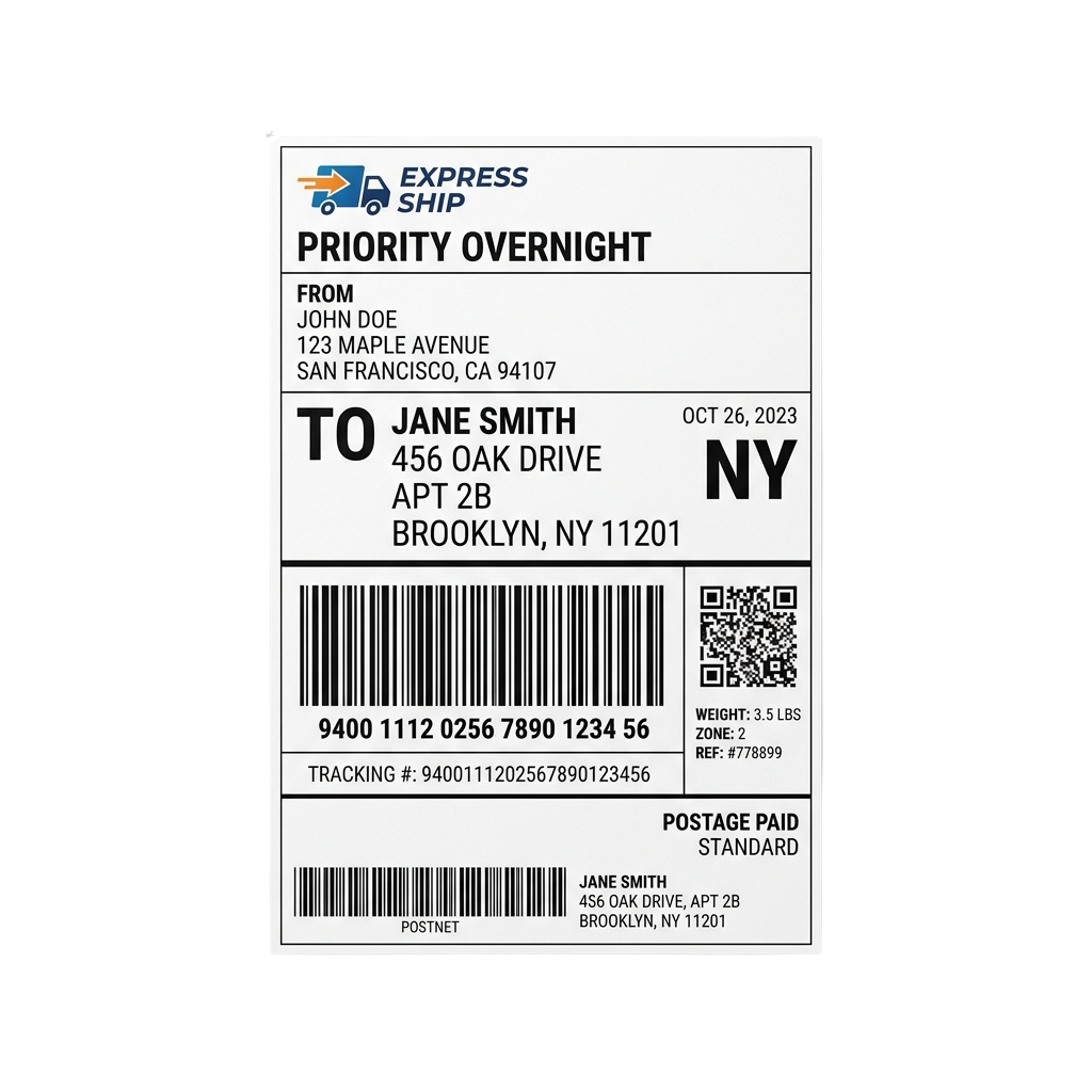 Priority overnight shipping label showing sender and recipient addresses, barcode, tracking number, weight, and postage details