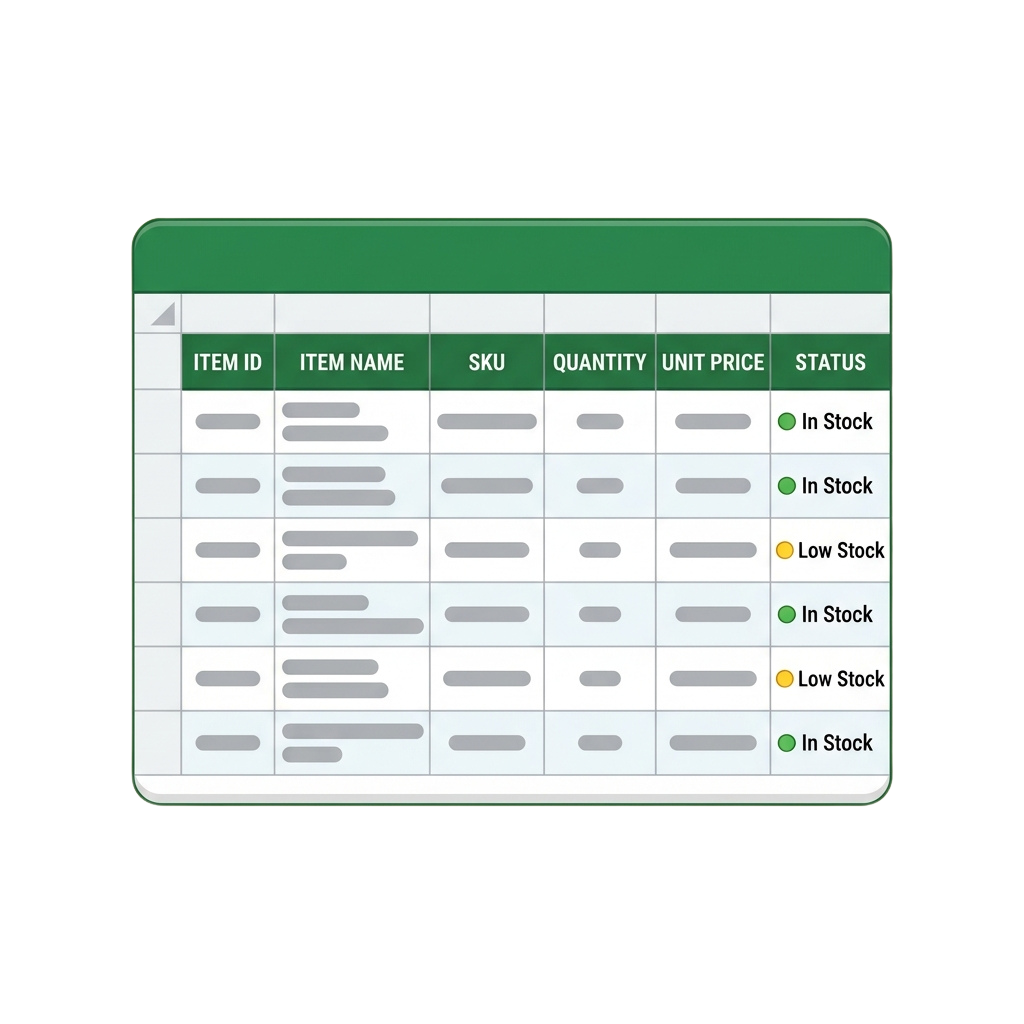 Table displaying inventory items with columns for item ID, name, SKU, quantity, unit price, and stock status indicators