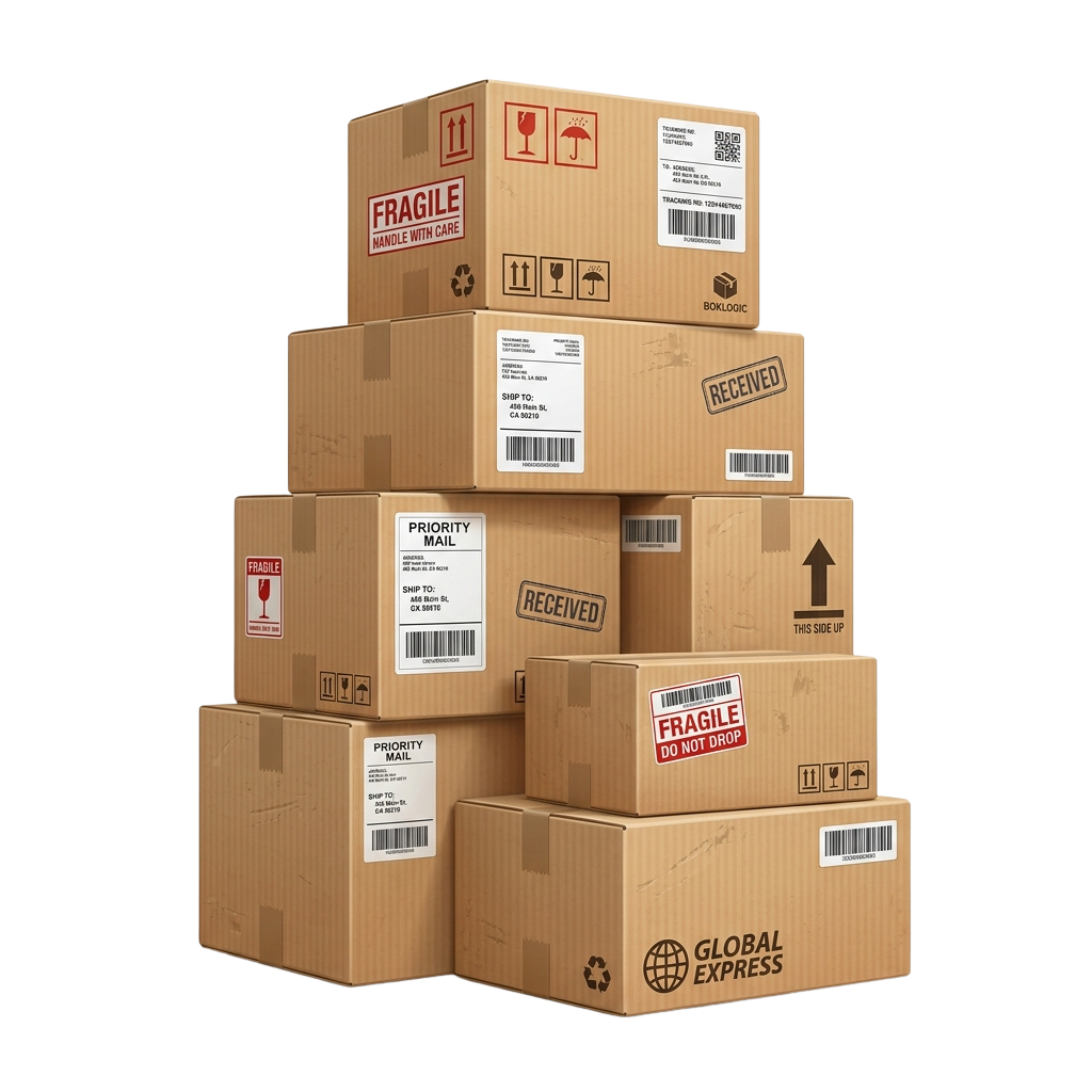 Five brown cardboard boxes stacked, labeled fragile, priority mail, and received with shipping symbols