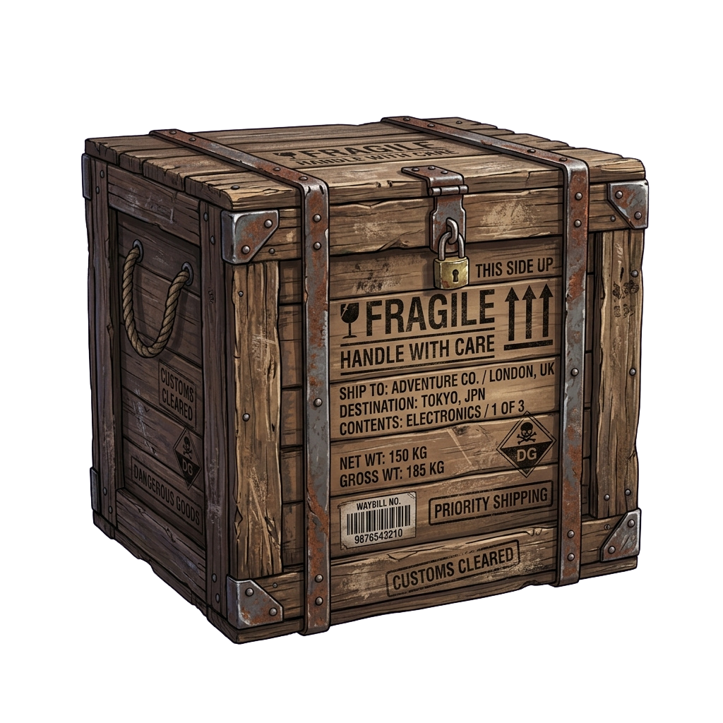 Wooden crate marked fragile, handle with care, containing electronics, with customs and shipping labels