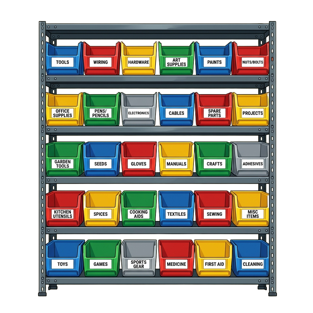 Colorful labeled bins in a metal shelving unit organizing various supplies