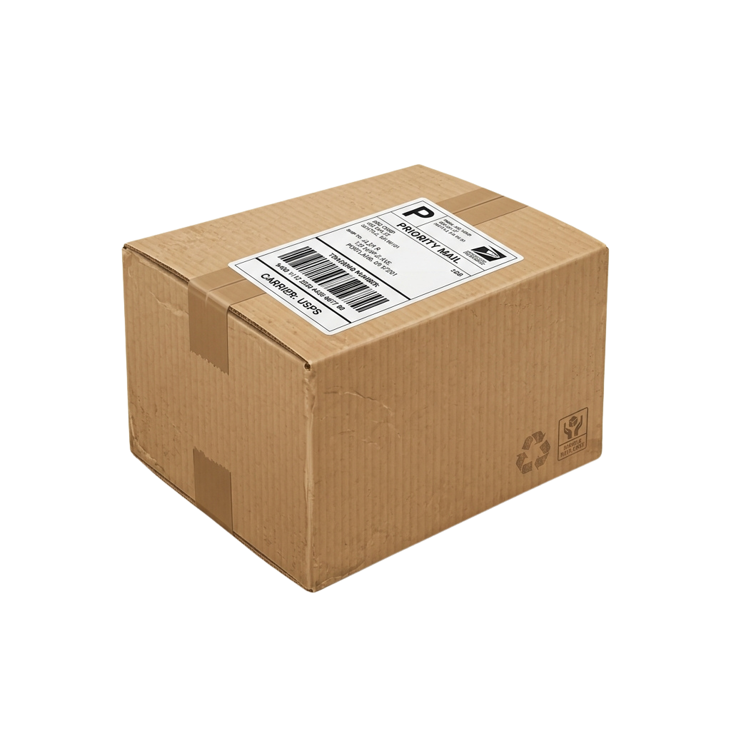 Brown cardboard box labeled Priority Mail with USPS logo and recycling symbol