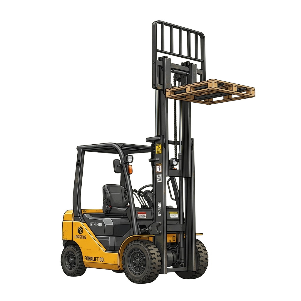 A yellow and black forklift lifting a wooden pallet with a load attached.