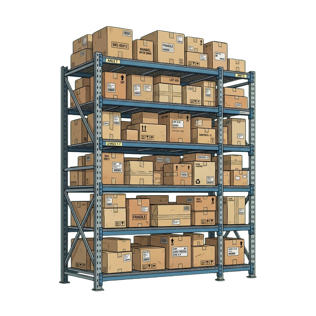 Illustration of a tall metal shelving unit stocked with numerous cardboard boxes labeled with various markings