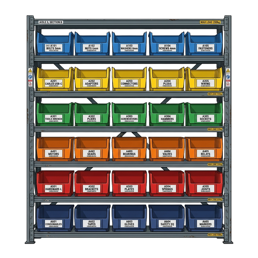 Five shelves of color-coded plastic bins storing various tools and hardware items