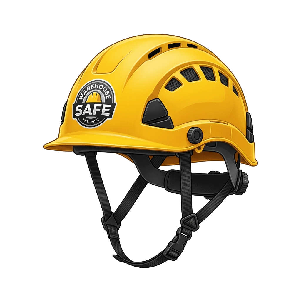 Bright yellow safety helmet featuring a logo that reads Warehouse Safe with an establishment date of 1998
