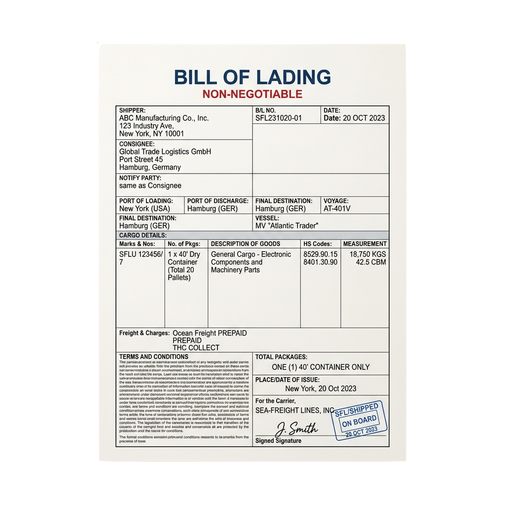 A sample non-negotiable bill of lading for shipping electronic components from New York to Hamburg