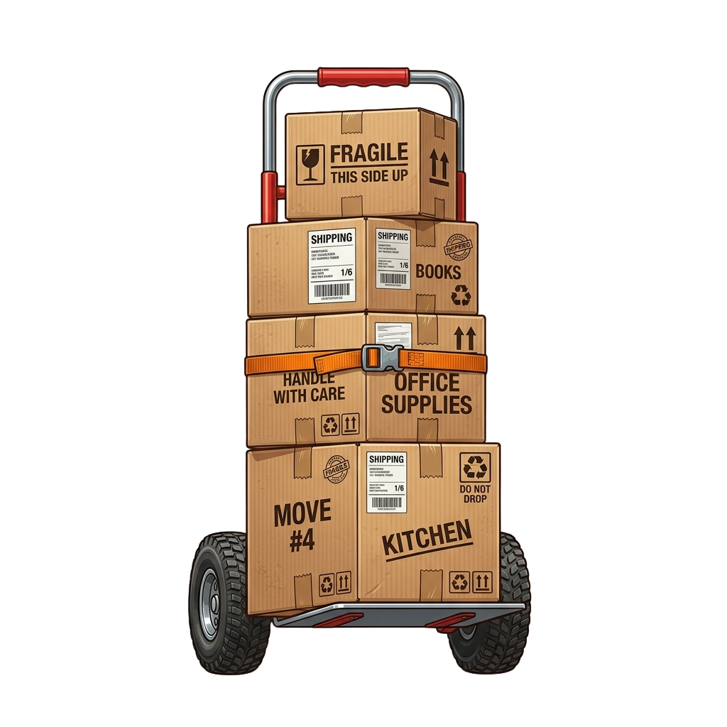 A utility cart carrying four labeled boxes: fragile items, books, office supplies, and kitchen items.