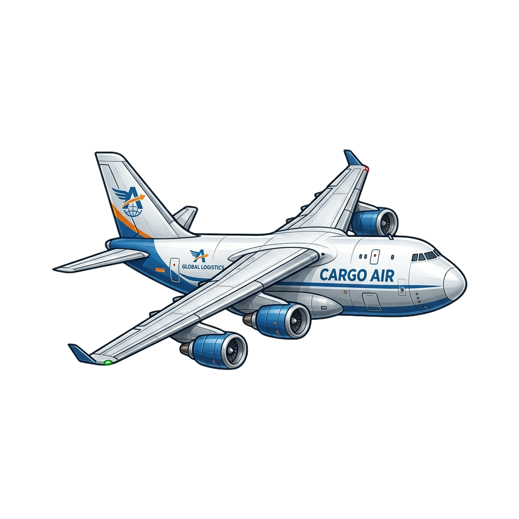 Illustration of a white and blue cargo airplane labeled Cargo Air with Global Logistics branding