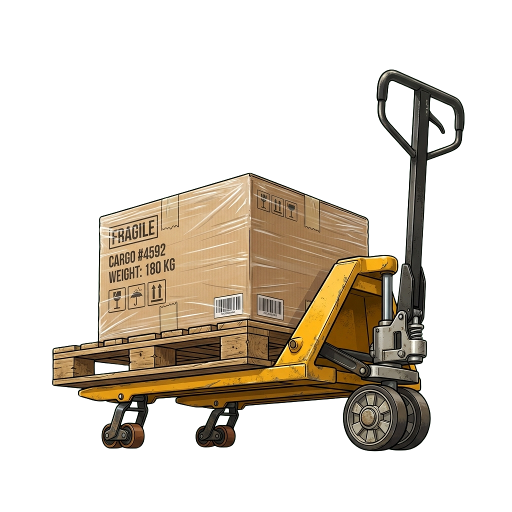 A pallet jack lifting a large fragile box labeled 180 kg