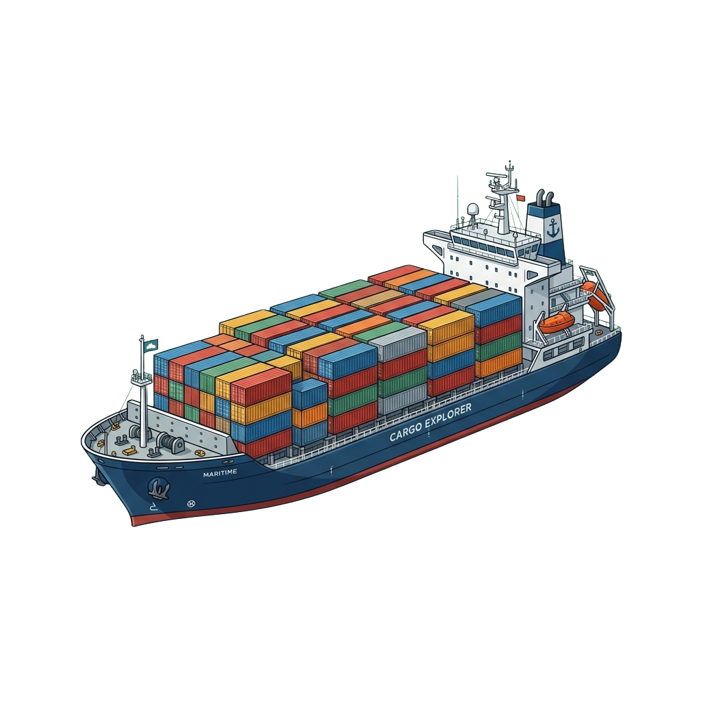 Illustration of a large cargo ship carrying multicolored shipping containers on deck