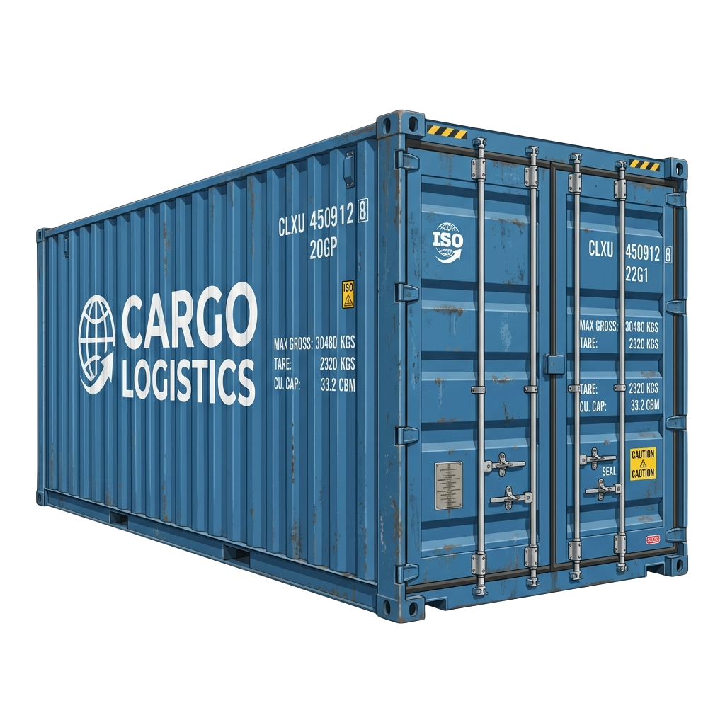 A blue shipping container labeled Cargo Logistics with capacity and weight specifications.