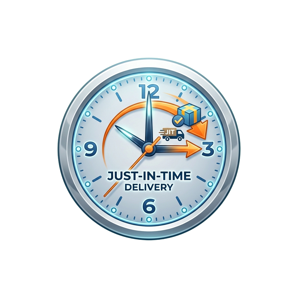 Clock showing just-in-time delivery with truck and box icons at 3 o'clock position