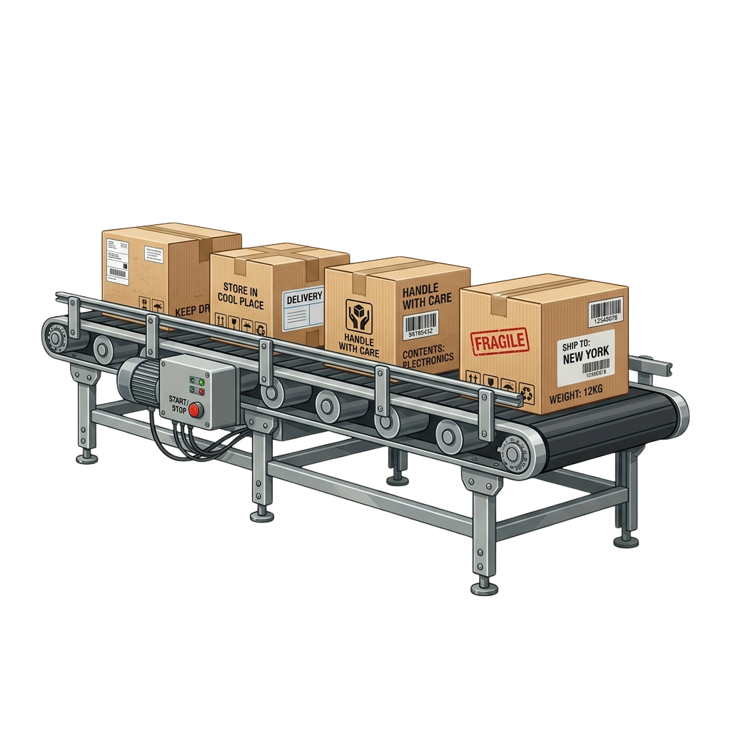 Illustration of a conveyor belt carrying multiple labeled boxes with shipping instructions and warnings