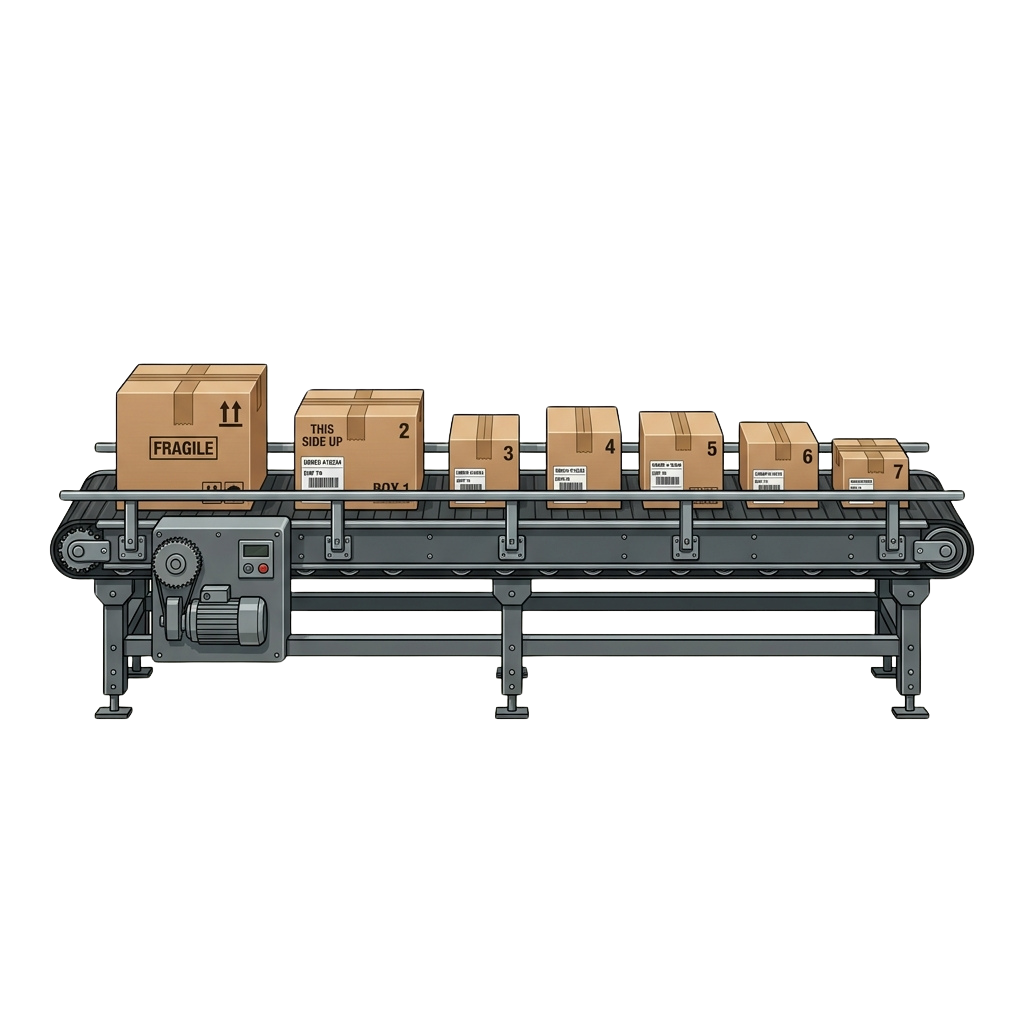 Illustration of a conveyor belt system transporting seven labeled cardboard boxes.