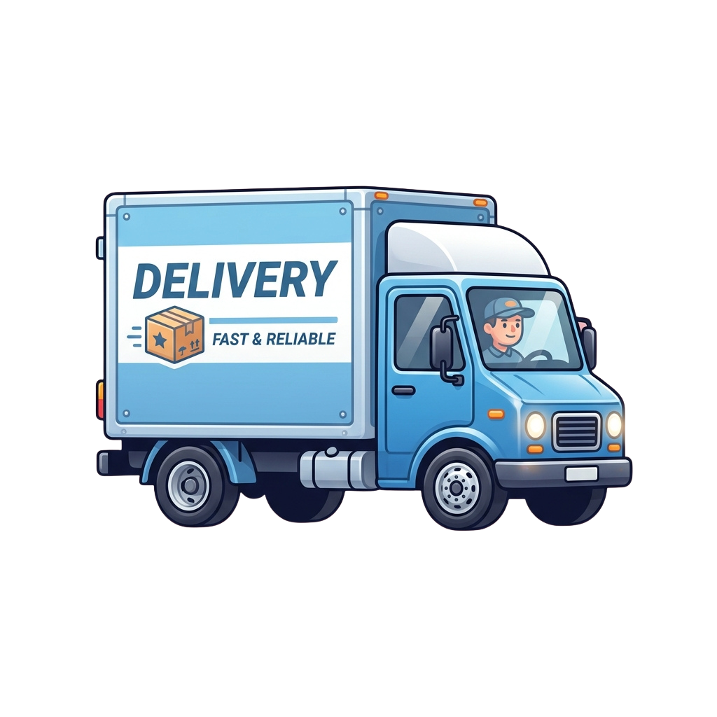 Illustration of a blue delivery truck with a driver, labeled fast and reliable delivery