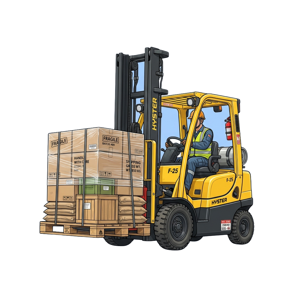 A forklift operator in a high-visibility vest lifts a pallet labeled fragile with shipping materials.