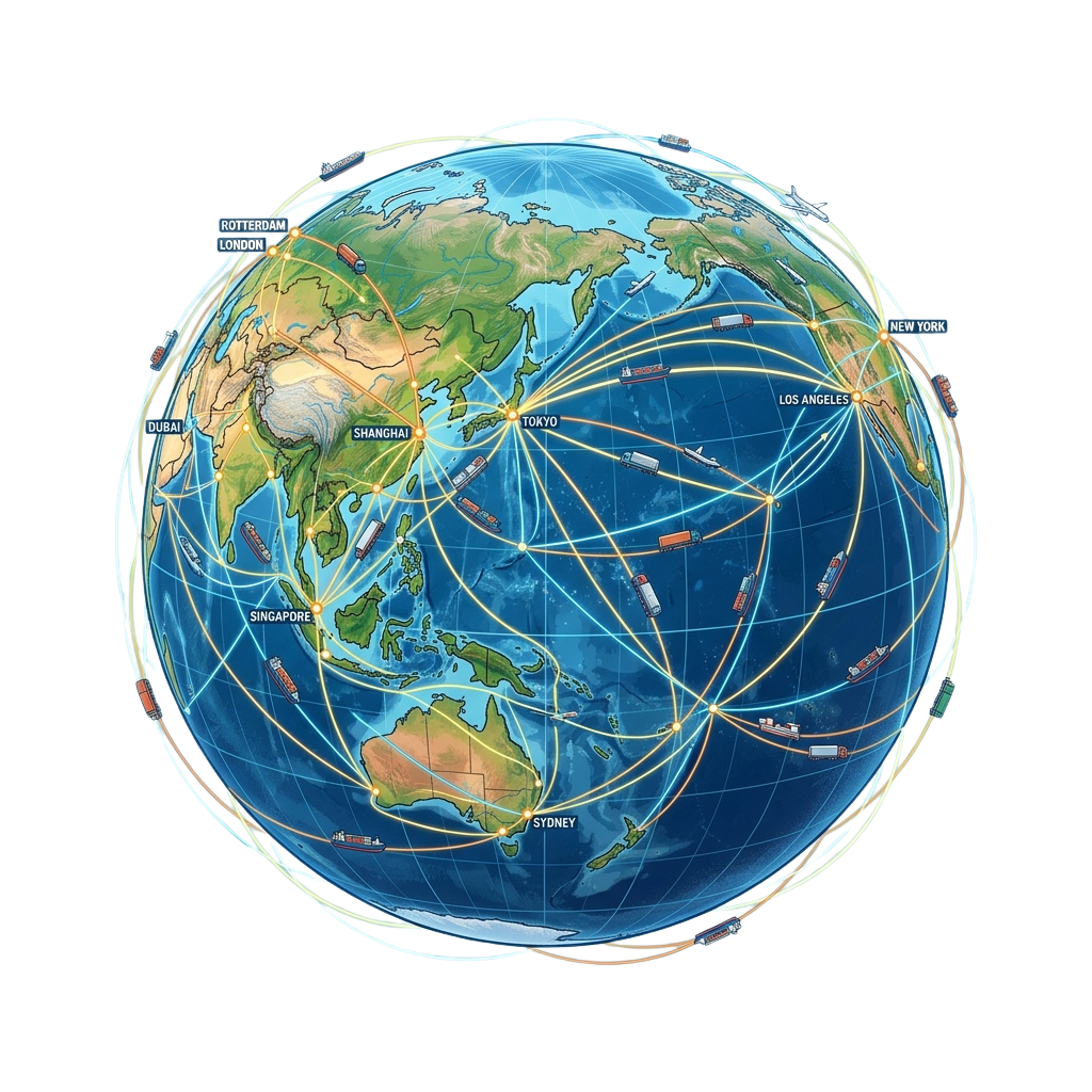 World map showing major shipping and air cargo routes connecting key cities and ports globally