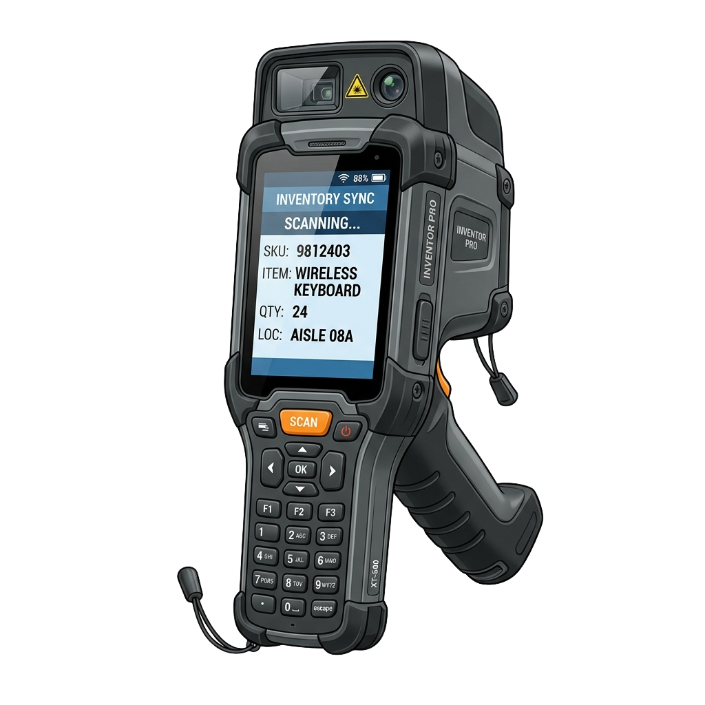 Handheld inventory scanner displaying wireless keyboard item details and scanning interface