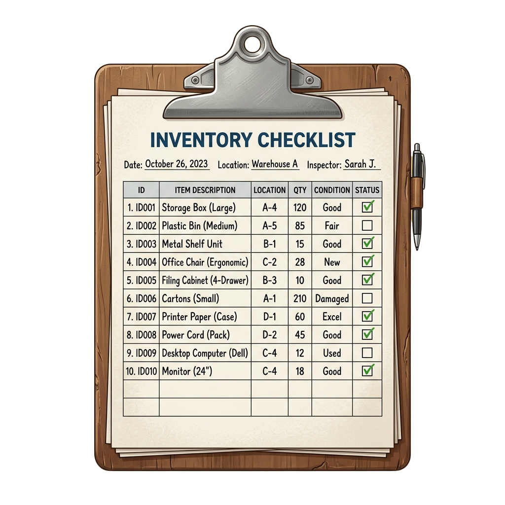Clipboard showing an inventory checklist with items, quantities, and statuses for warehouse stock