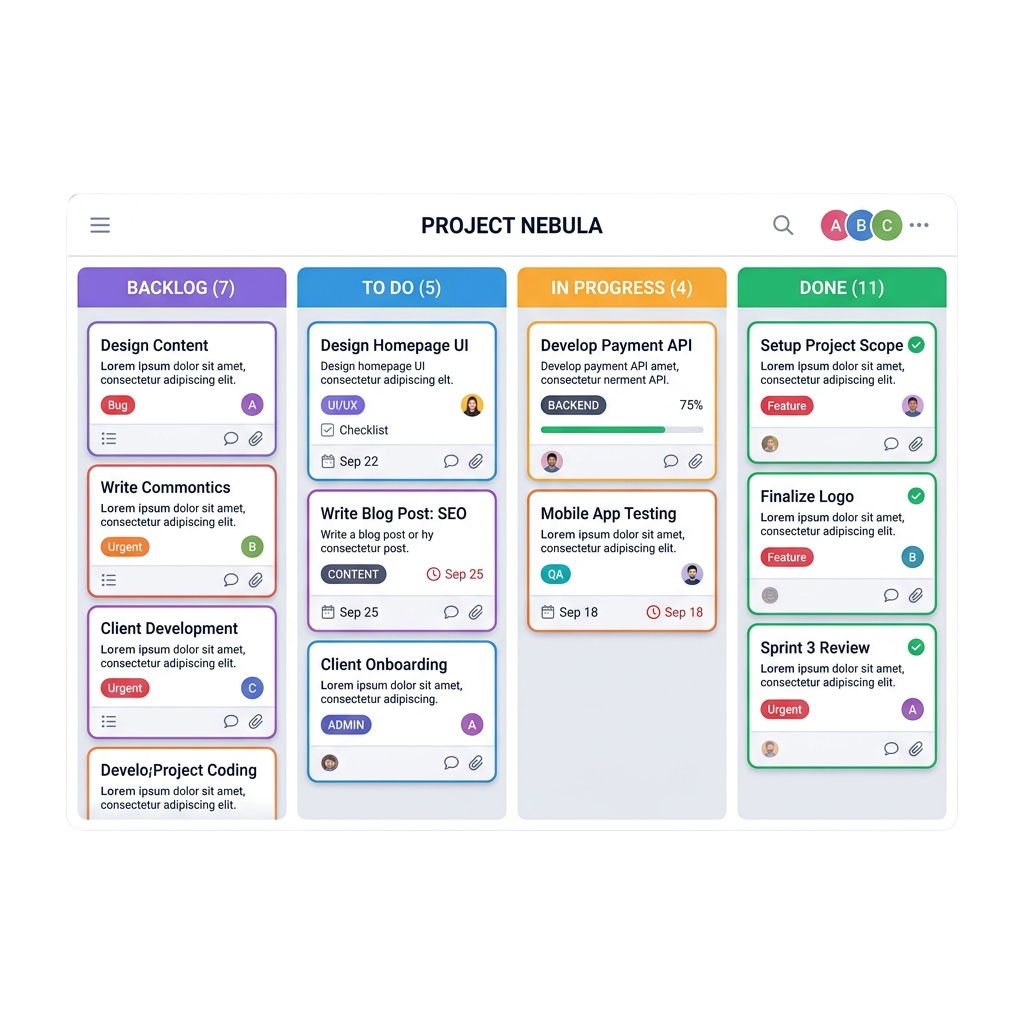 Kanban board showing project tasks in backlog, to-do, in progress, and done columns with colorful labels and progress indicators