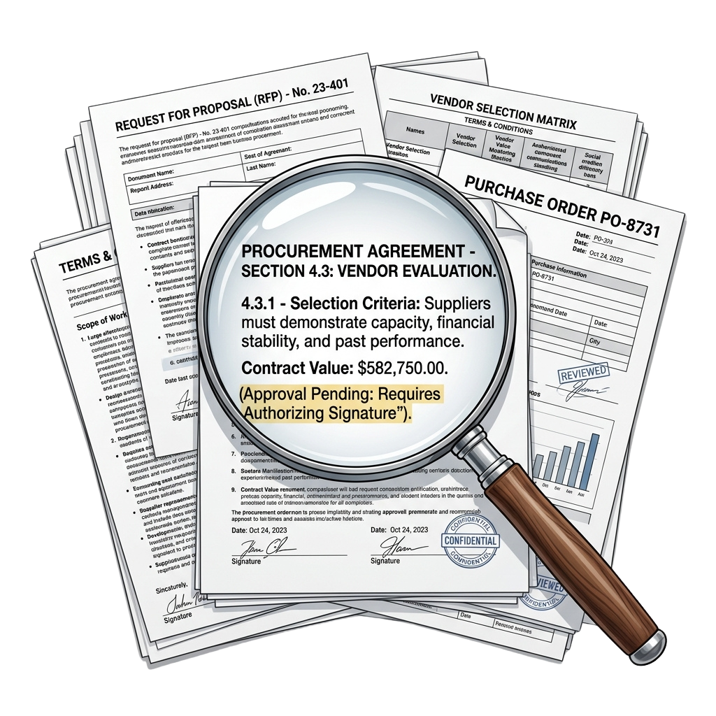 Magnifying glass over procurement documents including RFP, vendor selection matrix, and purchase order