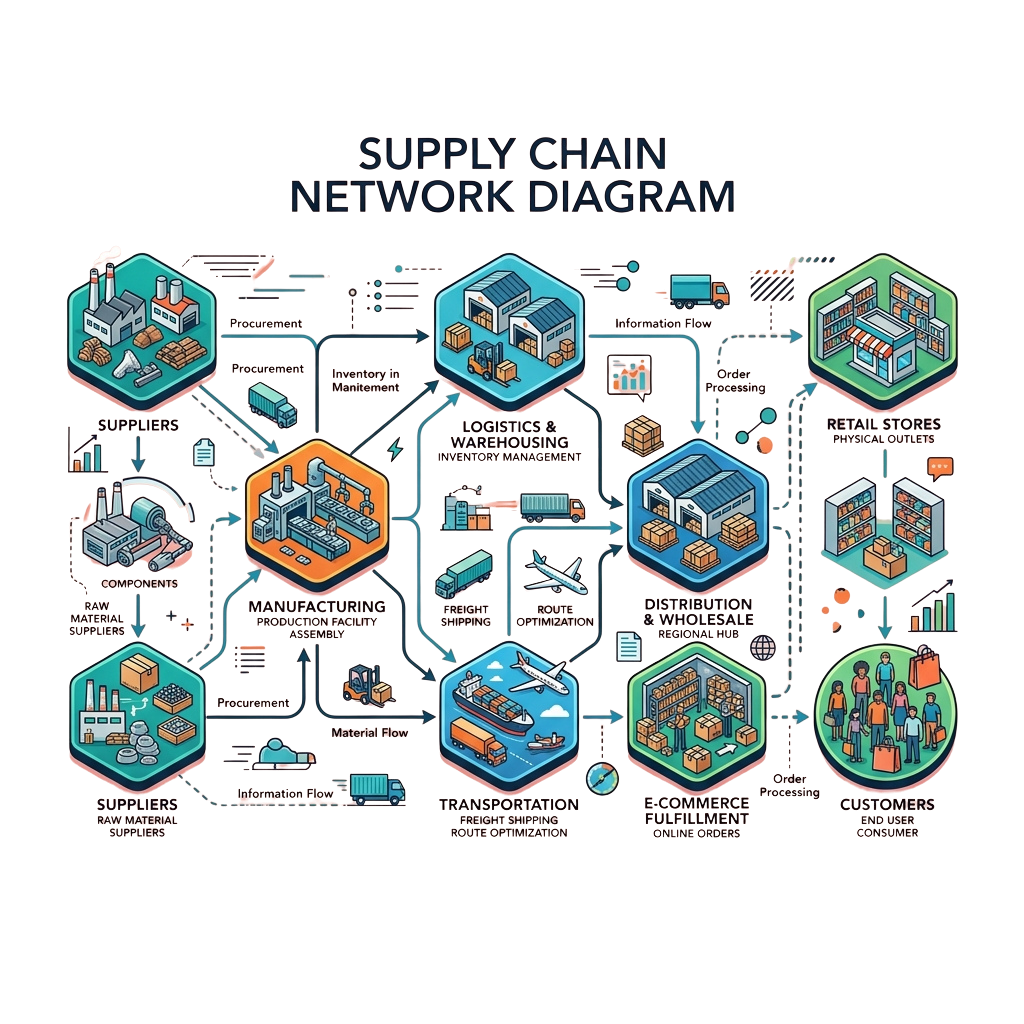 Illustrated supply chain network diagram showing suppliers, manufacturers, logistics, warehouses, distribution, retail, and customers