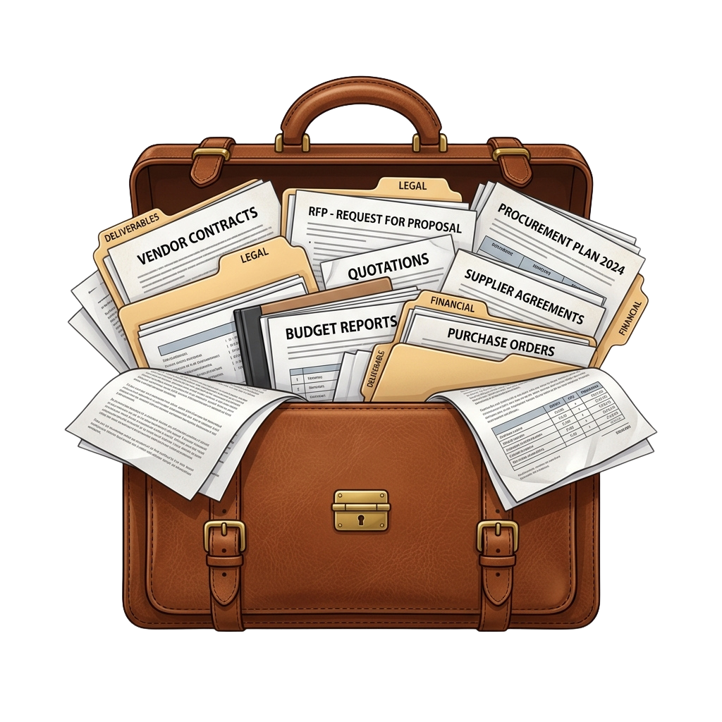 Briefcase filled with labeled folders and documents for procurement processes
