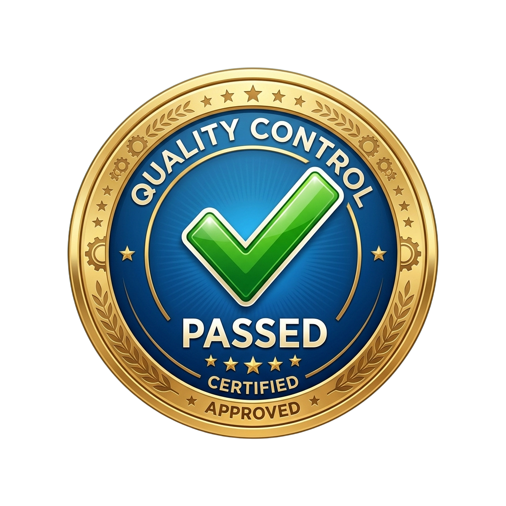 A gold and blue quality control badge with a green checkmark indicating passed certification and approval