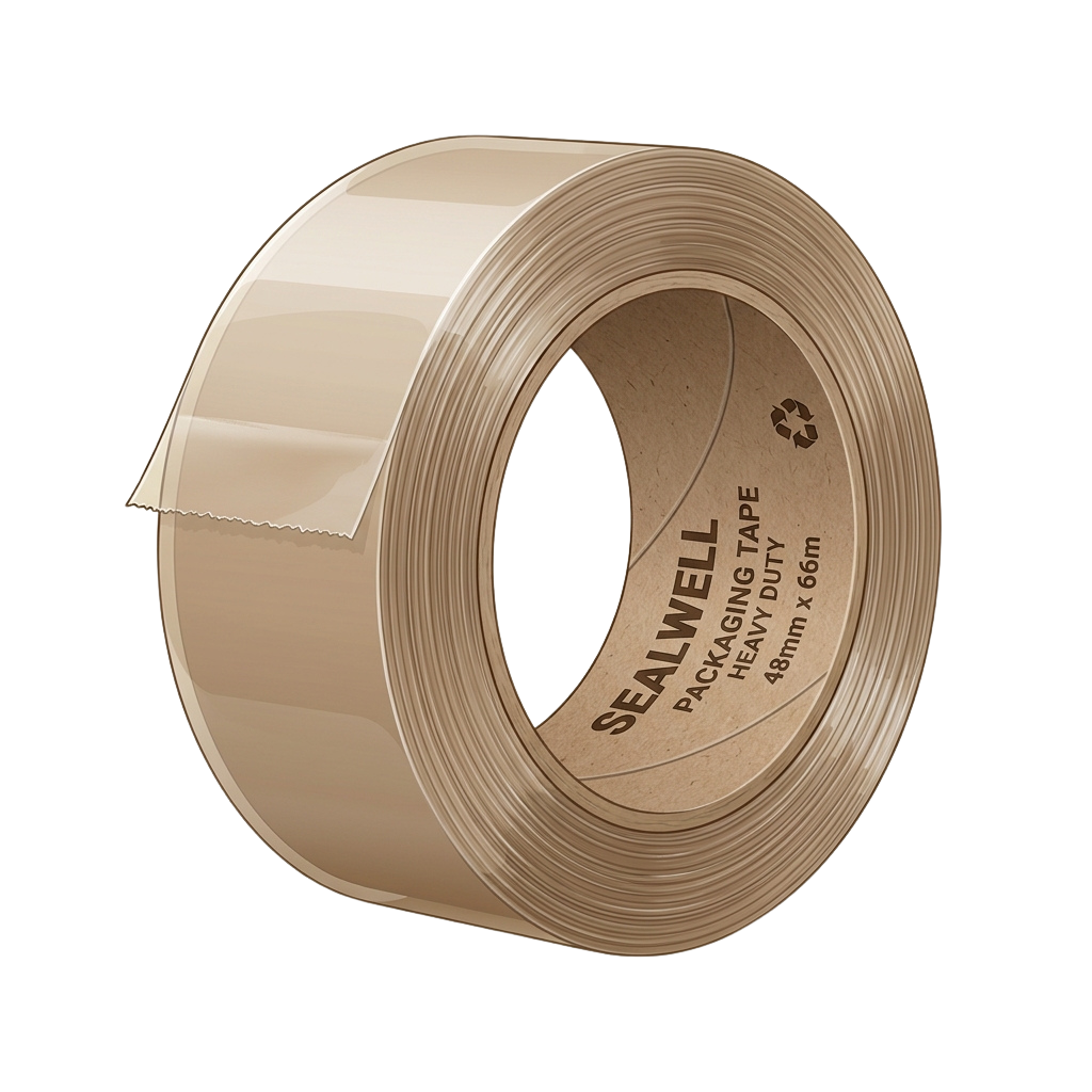 Roll of beige heavy-duty packaging tape with 48mm width and recycling symbol on core
