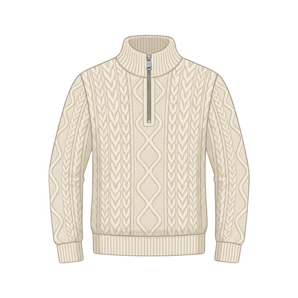 Cream-colored cable knit sweater with high neck and zipper closure