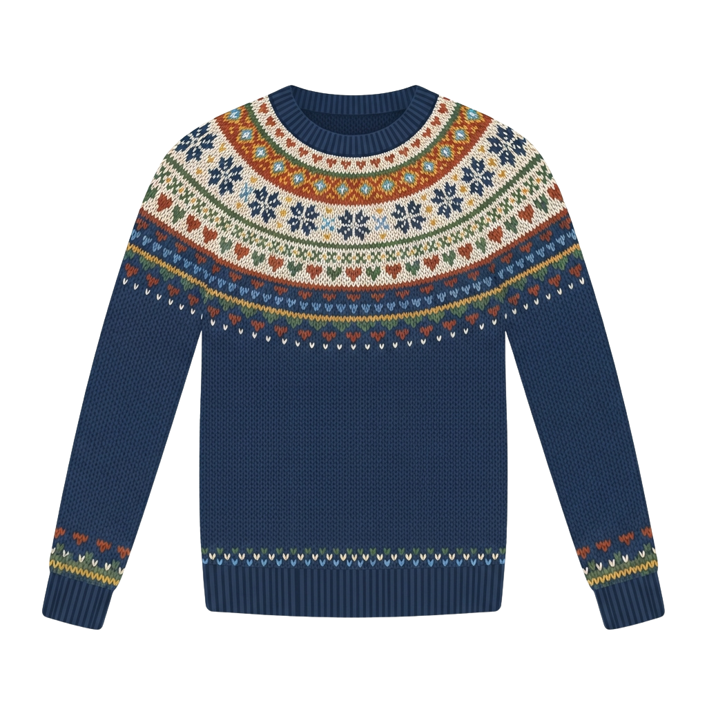 Blue sweater featuring intricate multicolored Nordic knit patterns around the cuffs and neckline