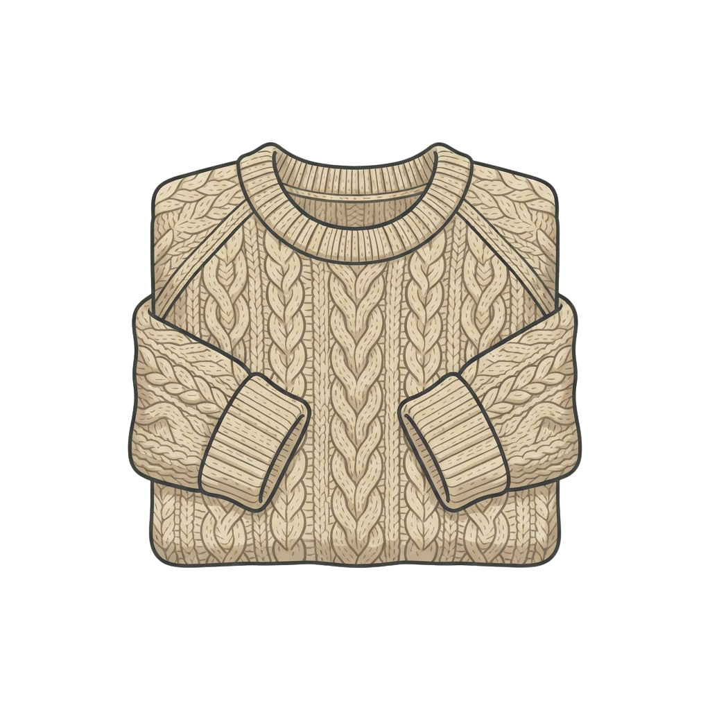Light beige cable knit cardigan featuring intricate braided patterns and ribbed contrast edging on pockets