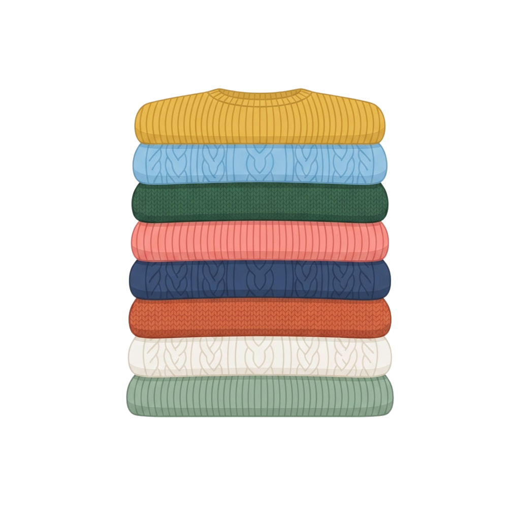 Eight folded knit sweaters in different colors stacked vertically against a black background