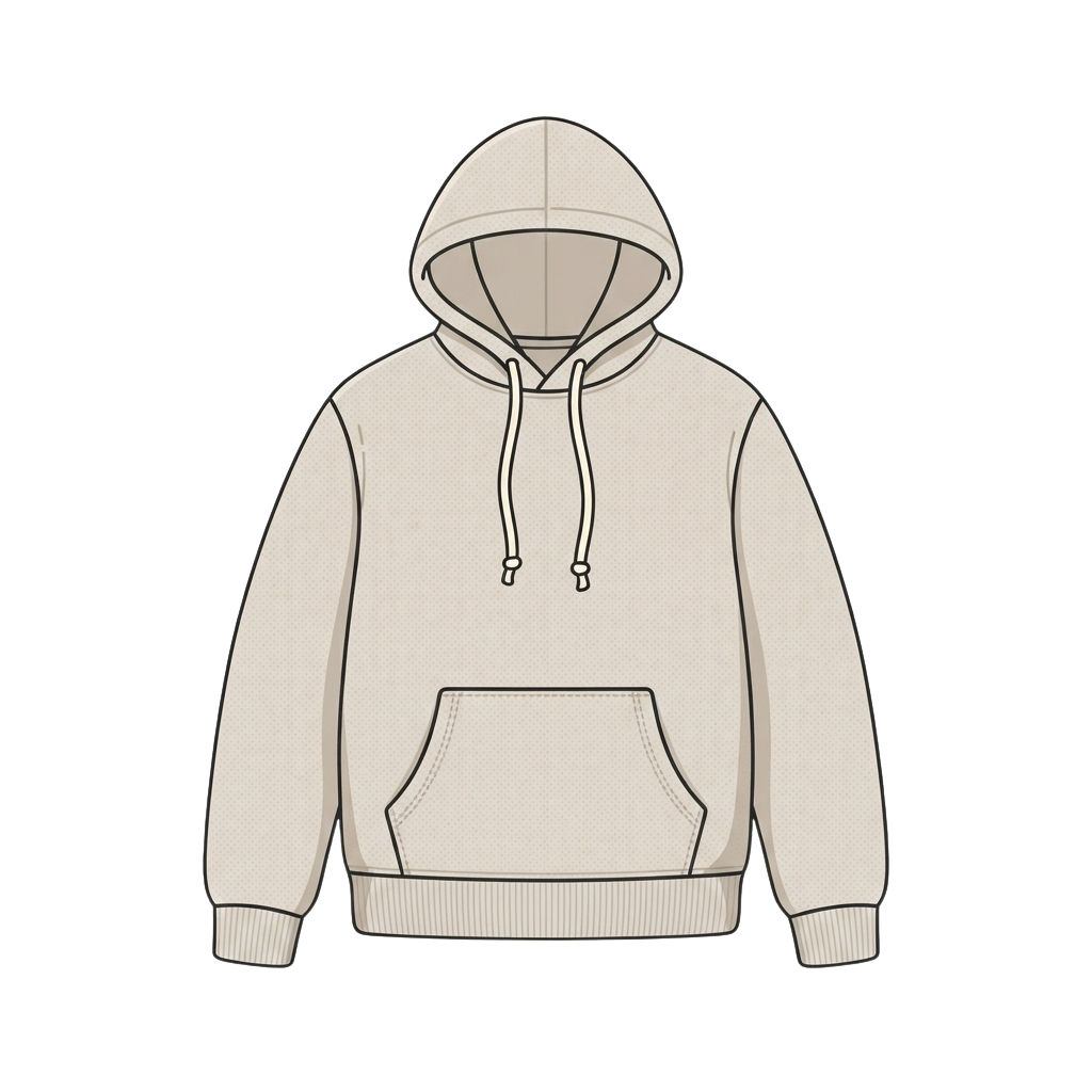 Light beige hoodie with a drawstring hood, front pockets, and ribbed cuffs and hem