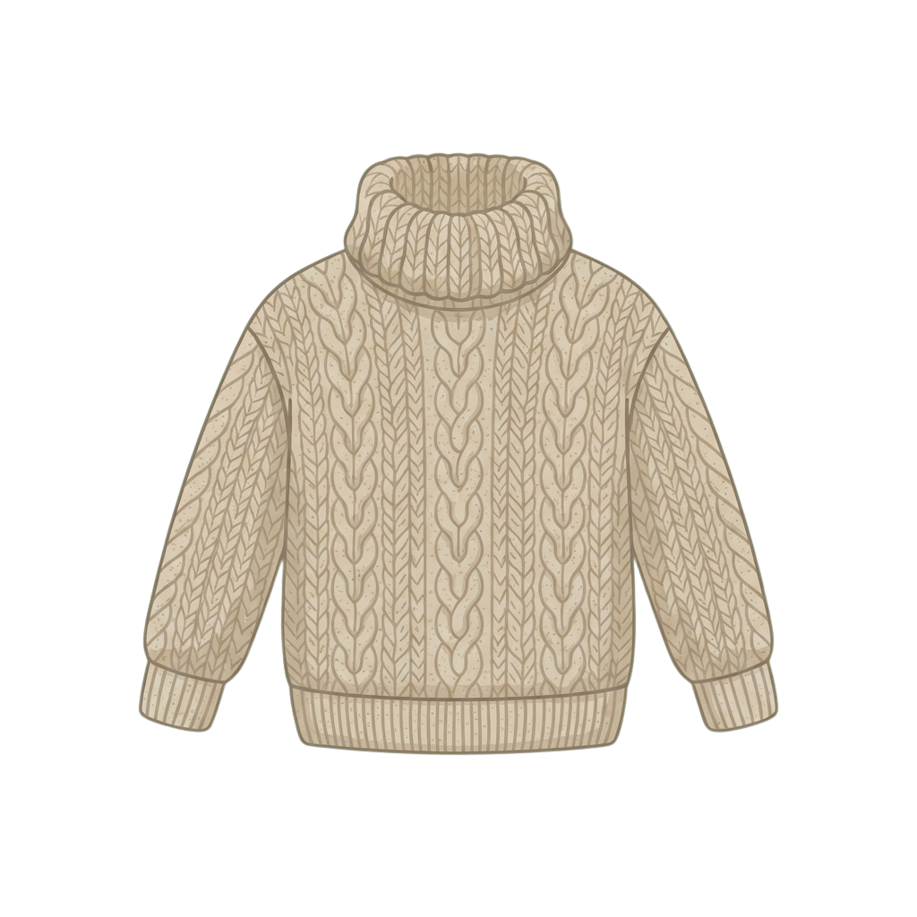 Cream-colored cable knit turtleneck sweater with ribbed cuffs and hem