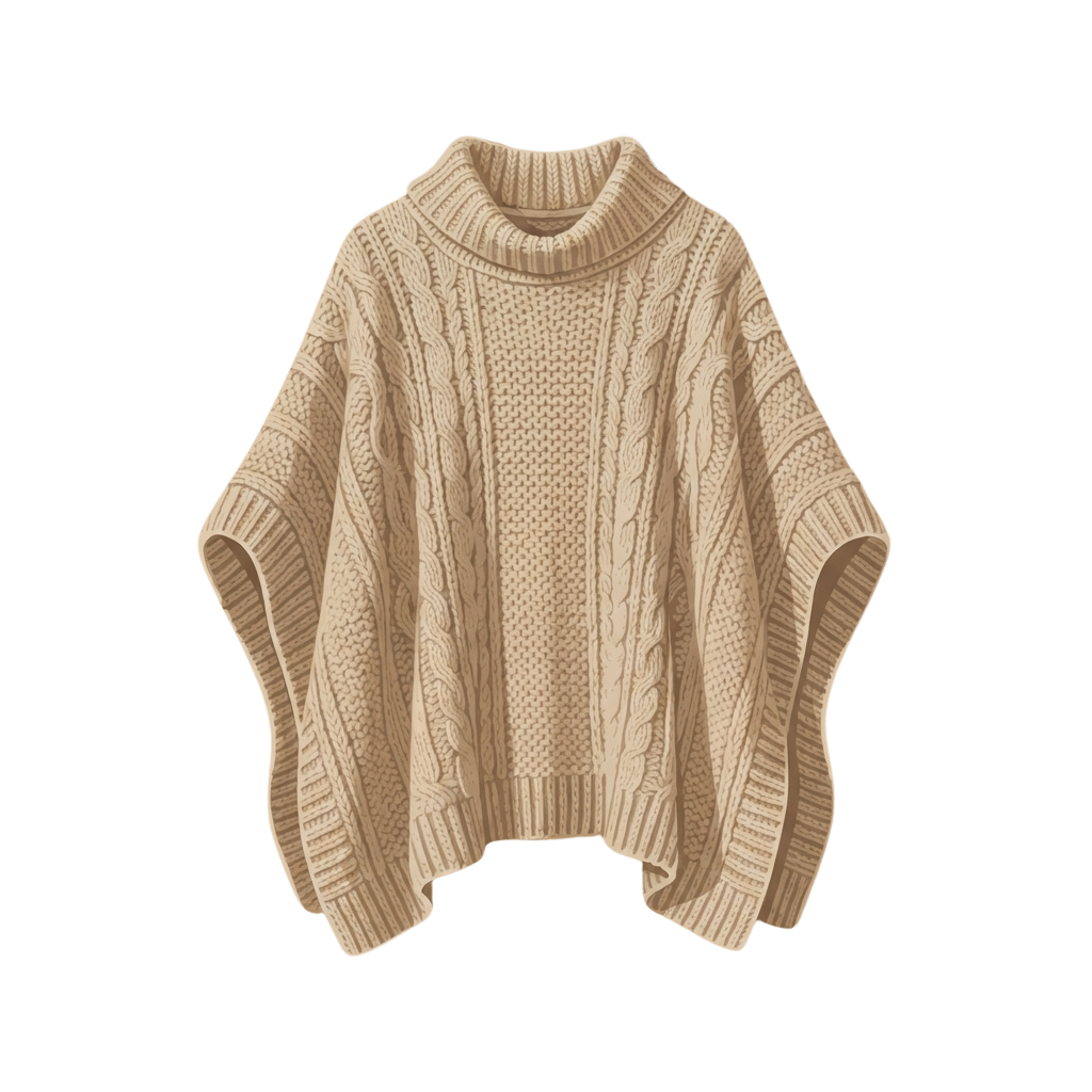 A light beige cable knit poncho sweater with ribbed cuffs and hem