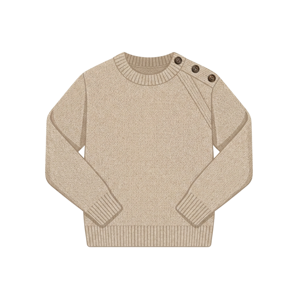 A light beige ribbed knit sweater with a round neck, long sleeves, and small button details on the shoulders