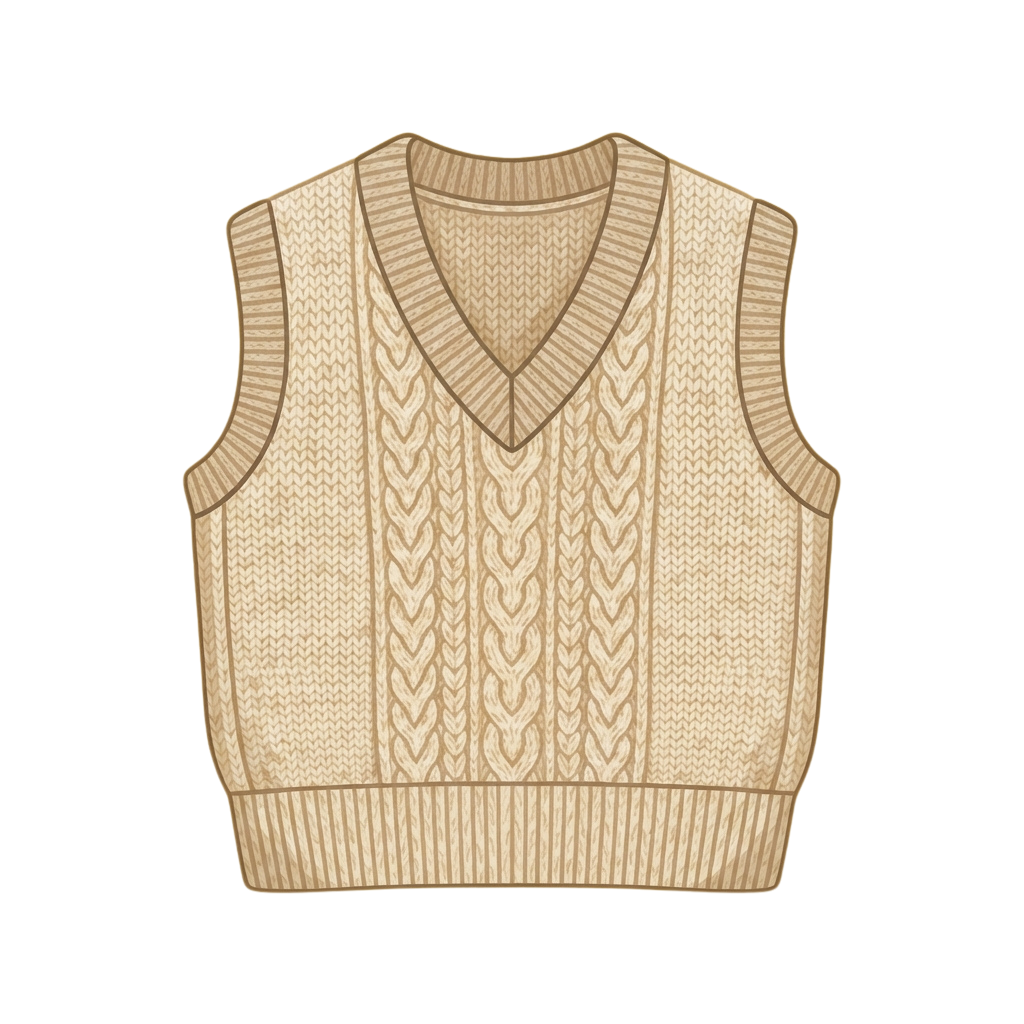 Cream-colored cable knit vest with a V-neck and ribbed hem and cuffs