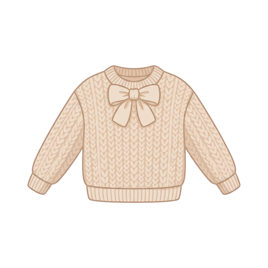 A light beige knit sweater with long sleeves and a decorative bow on the chest