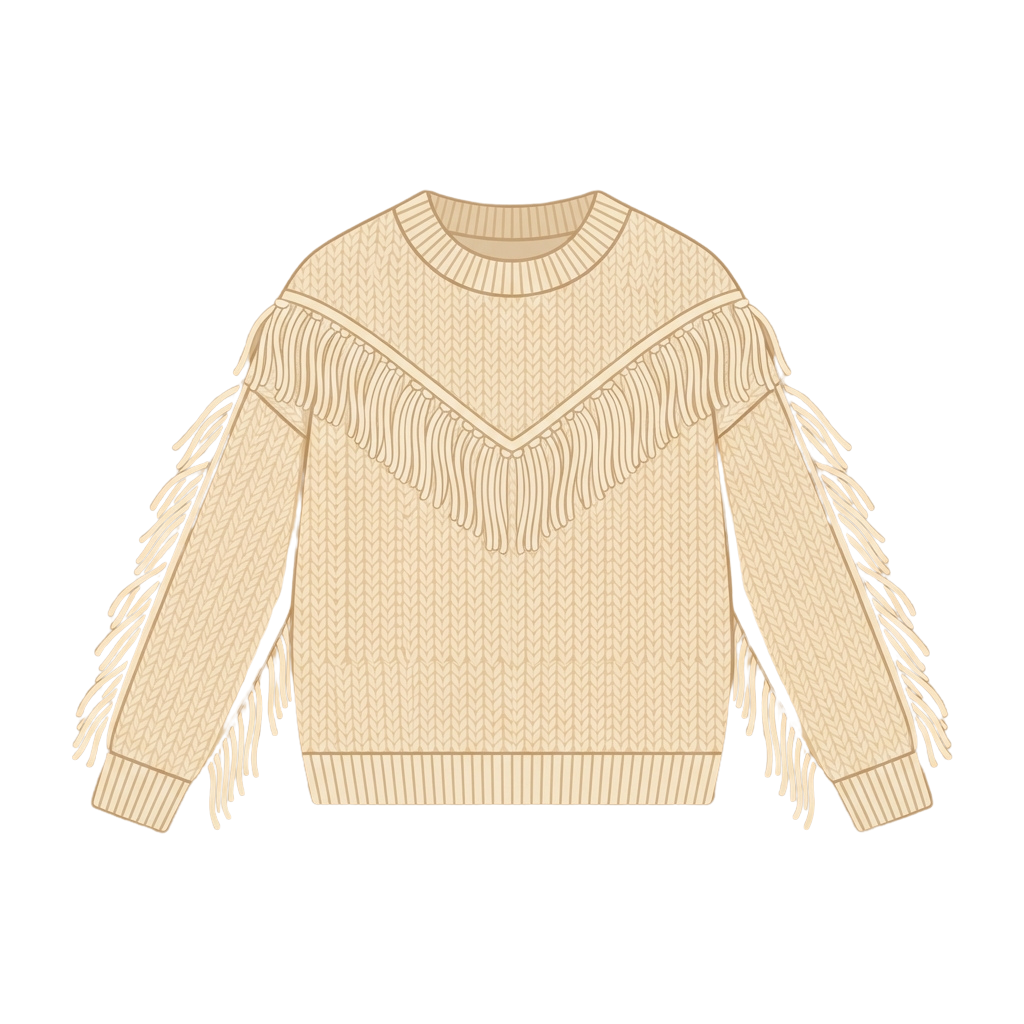 Light beige knitted sweater with long fringe on the sleeves and V-shaped front fringe detail