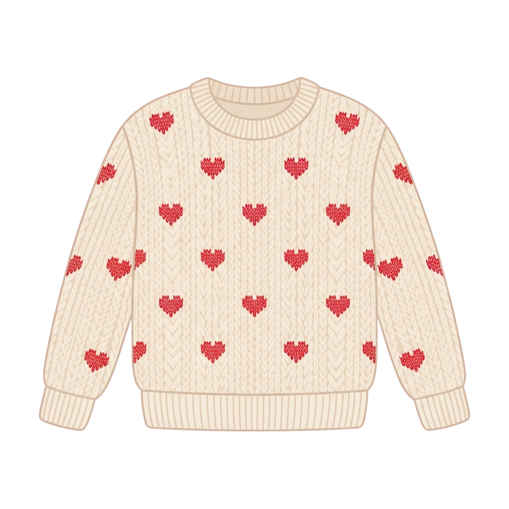 Light cream-colored knit sweater featuring small red heart patterns on a ribbed texture