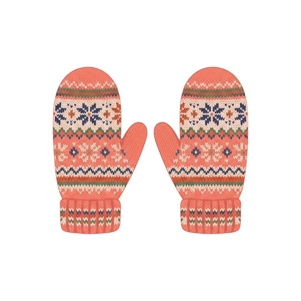 Pair of pink knitted fingerless mittens with white floral and geometric patterns on black background