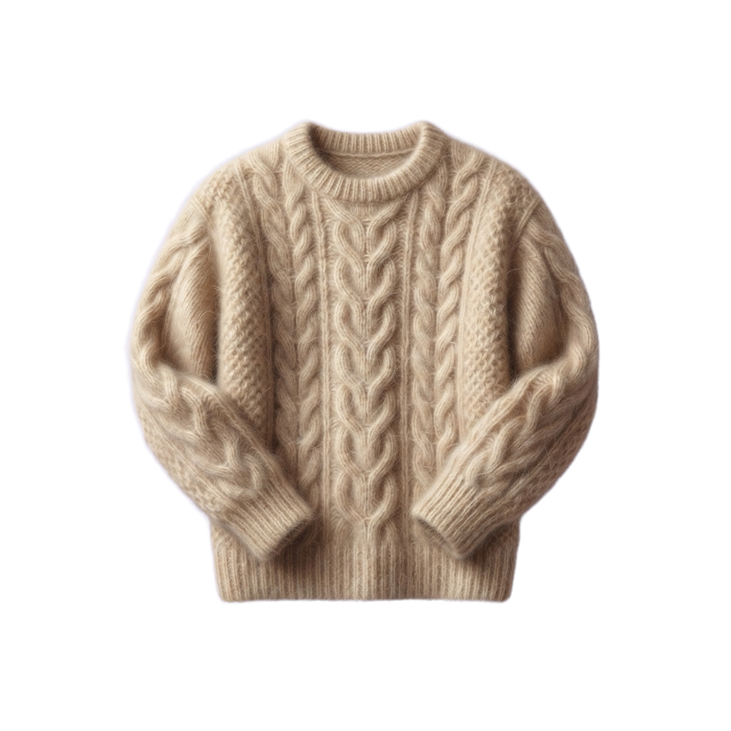 Light beige cable knit sweater with round neck and long sleeves displayed on a black background