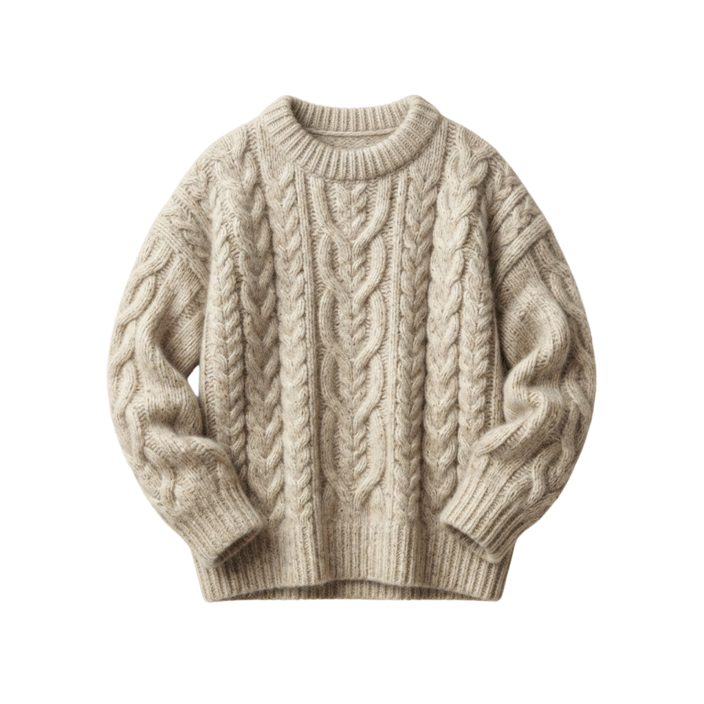 Light beige cable knit sweater with round neck and long sleeves displayed on a mannequin