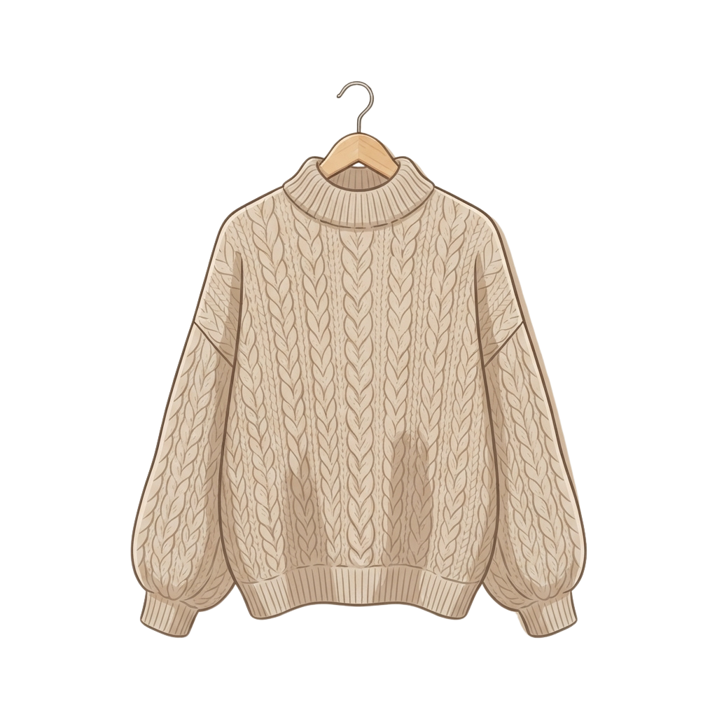 Light beige cable knit turtleneck sweater hanging on a wooden hanger against a black background