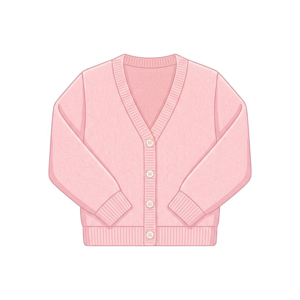 Pink knitted cardigan featuring a button front and ribbed cuffs and hem
